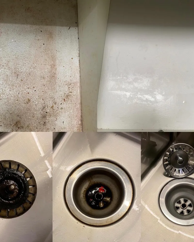 Sink and drain before and after cleaning